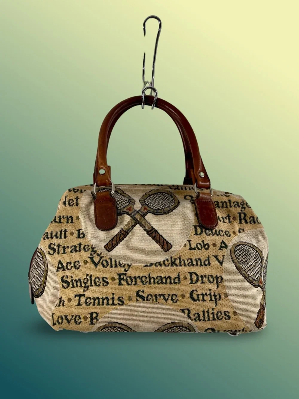 Ravini Tennis Themed Country Club Tapestry Dual Handle Zip Close Satchel Handbag